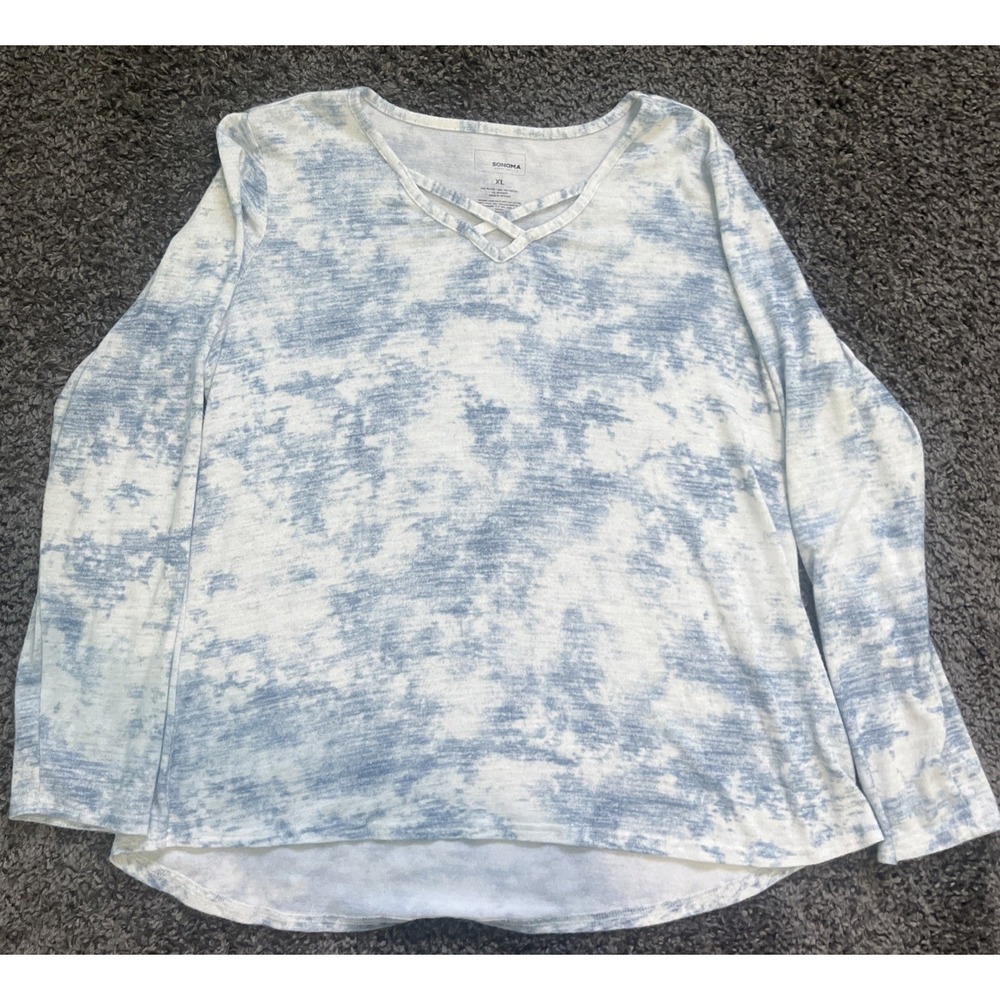 Sonoma Blue And White‎ Crisscross V-Neck Women's Long Sleeve Shirt Extra Large